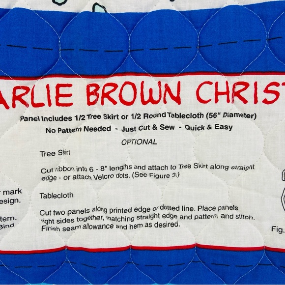VTG PEANUTS Christmas Tree Skirt CHARLIE BROWN Quilted Fabric 2 Panels Blue DIY - Picture 3 of 6